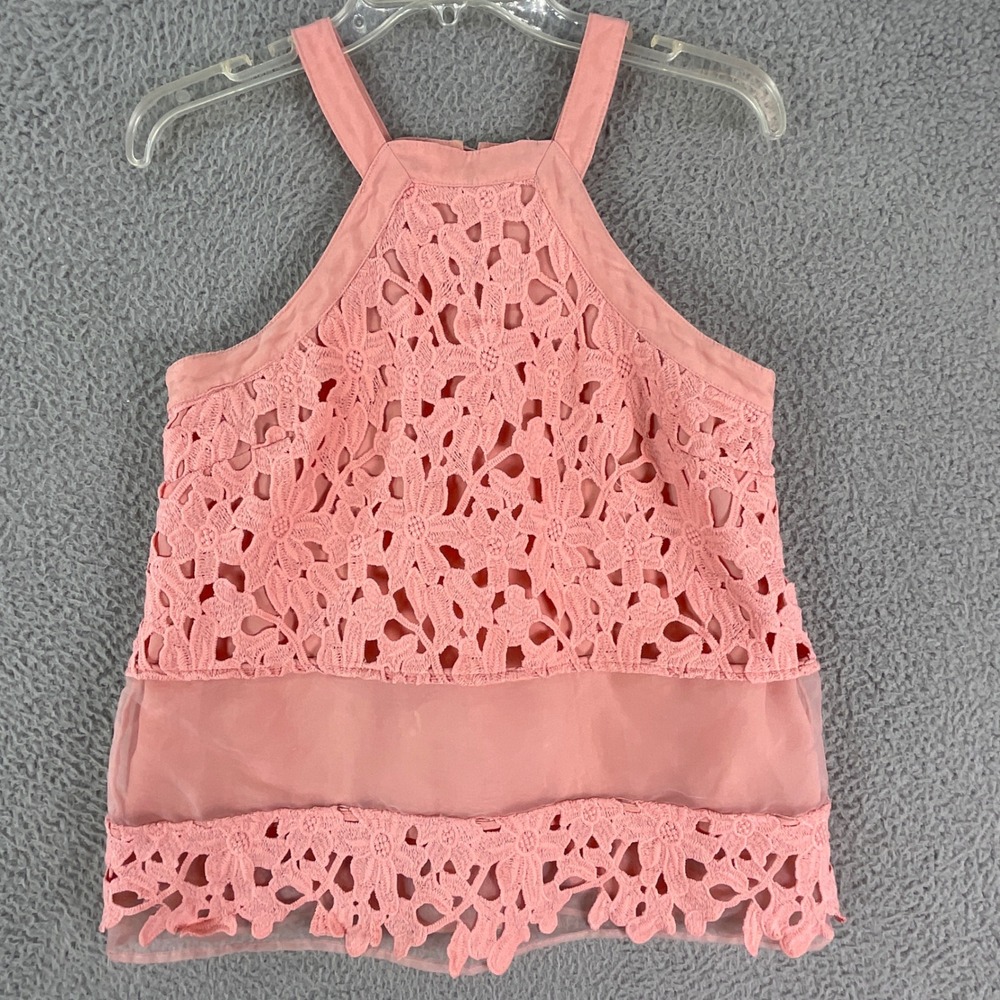 Gianni Bini Halter Top Womens Medium Pink Crochet Lace Floral Sheer Boho Chic